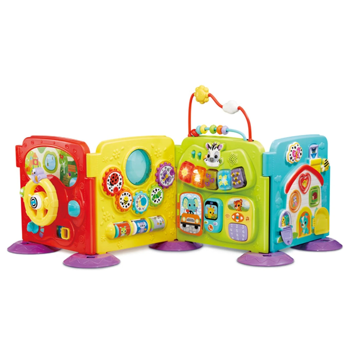 VTech Discovery Play Centre arranged in a zigzag configuration with red, yellow, green and turquoise activity panels, purple base supports, turning gears, musical buttons and bead maze.