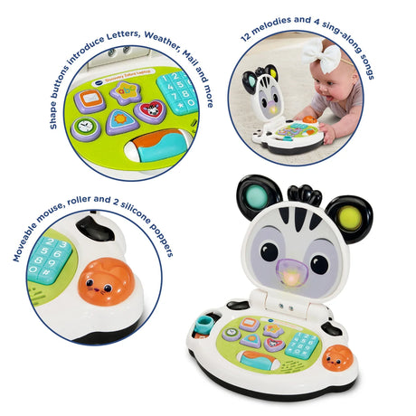 VTech Discovery Zebra Laptop with close-ups of shape buttons, number pad, light-up mouth, and baby playing – Ireland.