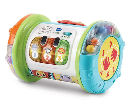 Close-up of VTech Explore & Discover Roller baby toy with piano buttons and beads in Ireland