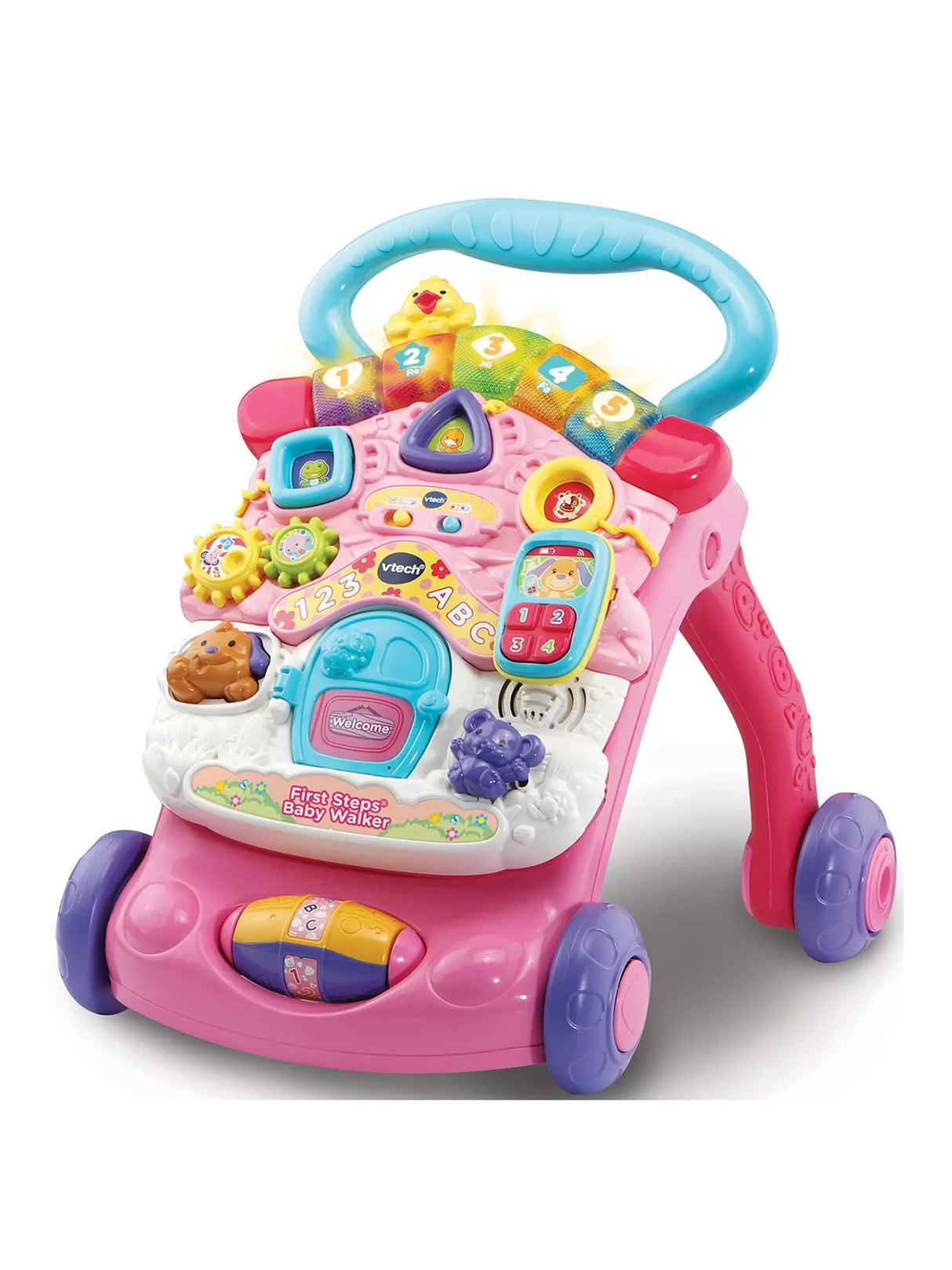 VTech First Steps Baby Walker in pink with colorful lights and activity buttons