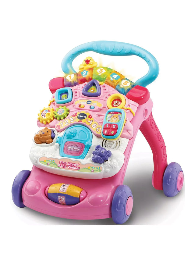VTech First Steps Baby Walker in pink with colorful lights and activity buttons