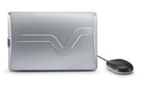 Closed silver VTech Genio MAX laptop showing the rear casing with embossed design and connected black optical mouse