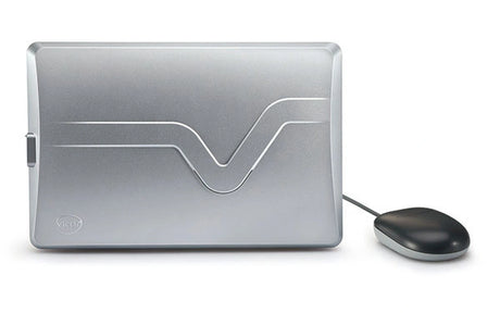 Closed silver VTech Genio MAX laptop showing the rear casing with embossed design and connected black optical mouse