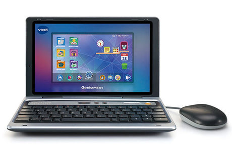 Front view of the open VTech Genio MAX My First Laptop showing the colour application menu, QWERTY keyboard and wired mouse