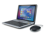 VTech Genio MAX My First Laptop shown open at an angle with colour learning screen, black QWERTY keyboard and wired optical mouse