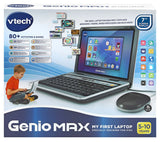 VTech Genio MAX My First Laptop retail packaging showing the laptop, wired mouse, 7 inch screen, learning activities and games