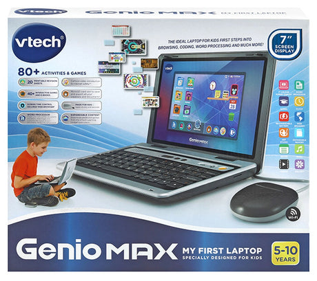 VTech Genio MAX My First Laptop retail packaging showing the laptop, wired mouse, 7 inch screen, learning activities and games