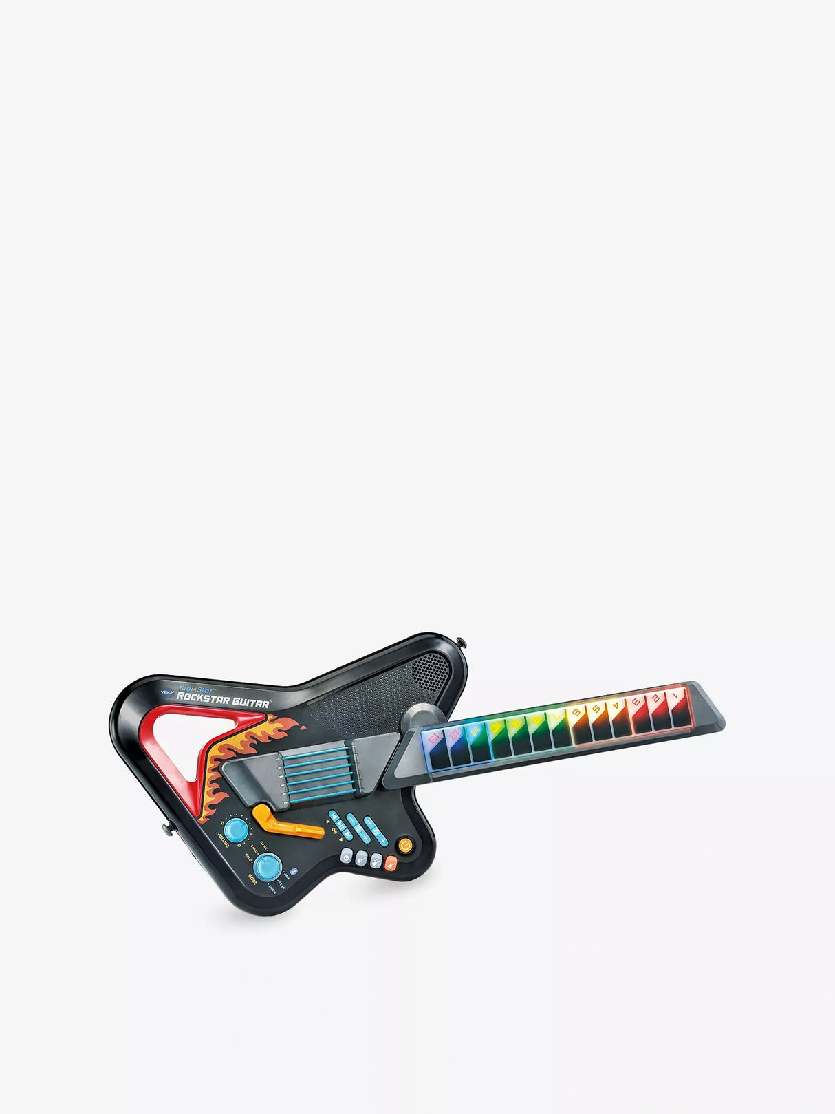 VTech Kidi Guitar Superstar with black body, coloured fret buttons, touch strings and control buttons