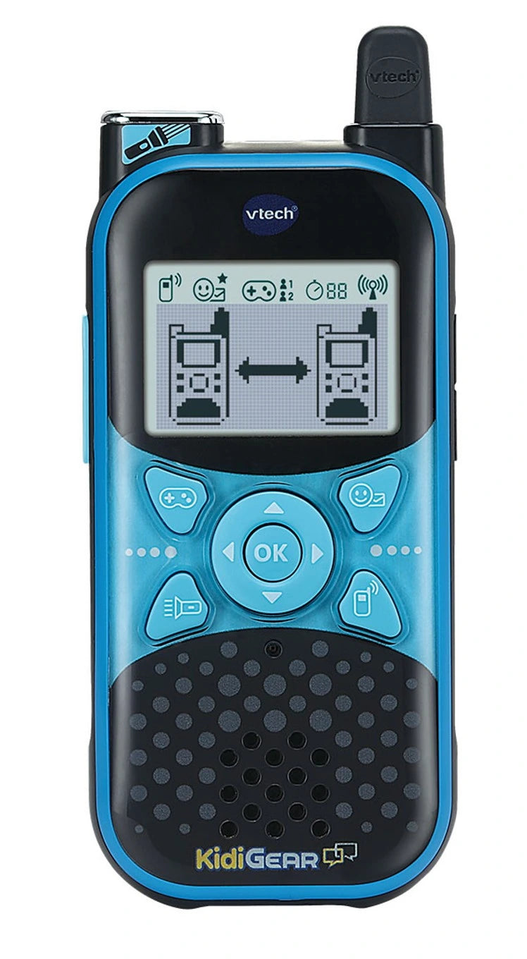 VTech KidiGear Walkie Talkies Explorer blue unit showing the digital communication screen, navigation buttons and speaker