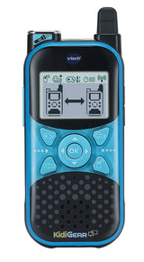 VTech KidiGear Walkie Talkies Explorer blue unit showing the digital communication screen, navigation buttons and speaker