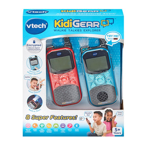 VTech KidiGear Walkie Talkies Explorer red and blue pair in retail packaging with encrypted communication and feature icons