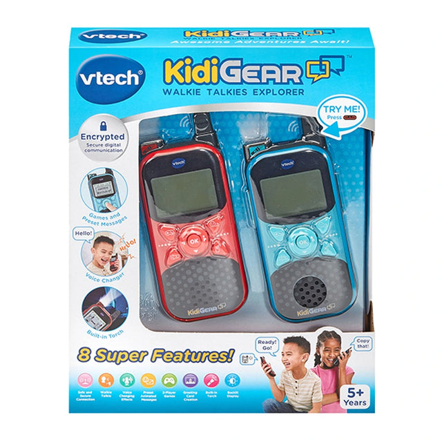 VTech KidiGear Walkie Talkies Explorer red and blue pair in retail packaging with encrypted communication and feature icons