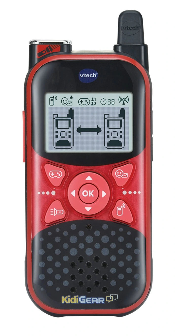 VTech KidiGear Walkie Talkies Explorer red unit showing the digital communication screen, navigation buttons and speaker