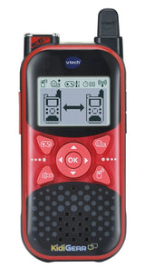 VTech KidiGear Walkie Talkies Explorer red unit showing the digital communication screen, navigation buttons and speaker