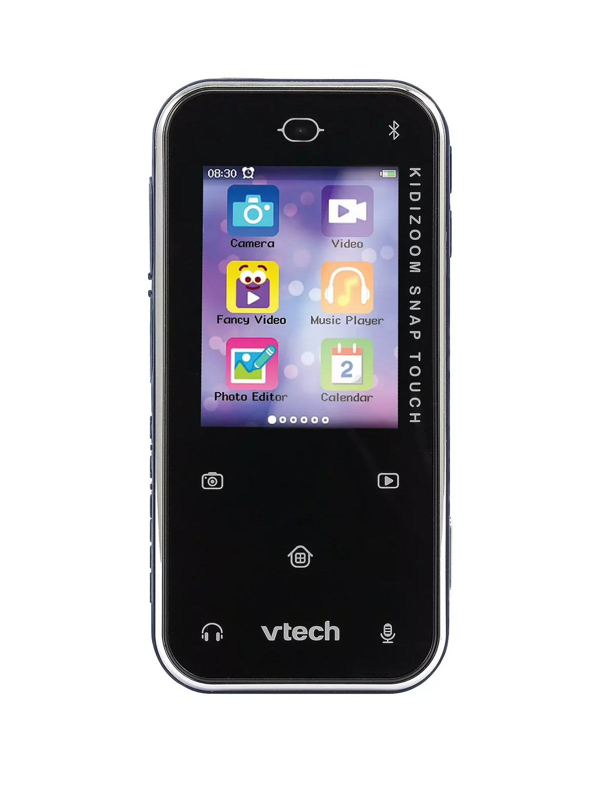 Close-up of VTech KidiZoom Snap Touch touchscreen displaying photo, video, and music app icons for kids