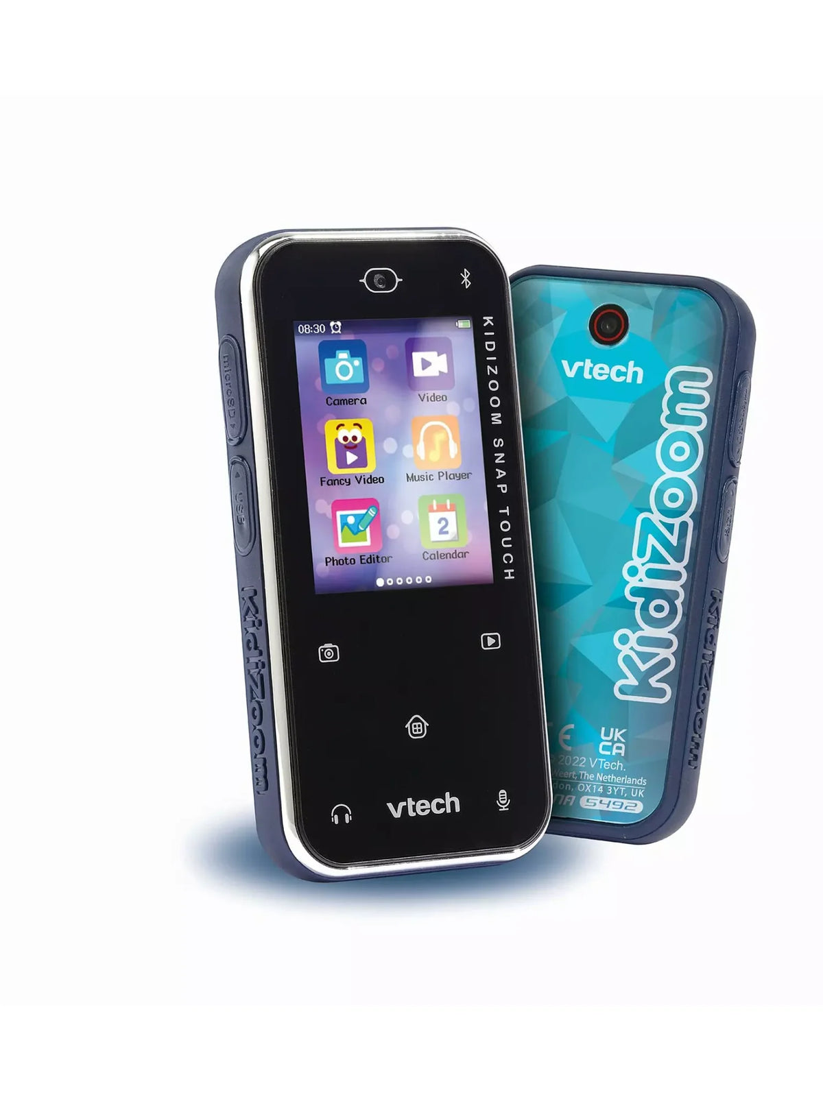 VTech KidiZoom Snap Touch showing front touchscreen and rear blue geometric back design with camera lens
