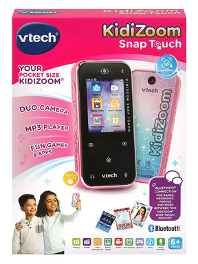 VTech KidiZoom Snap Touch Pink boxed packaging with touchscreen kids camera and Bluetooth features displayed