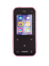 Close-up of VTech KidiZoom Snap Touch Pink touchscreen displaying colorful photo, video, and music app icons for kids
