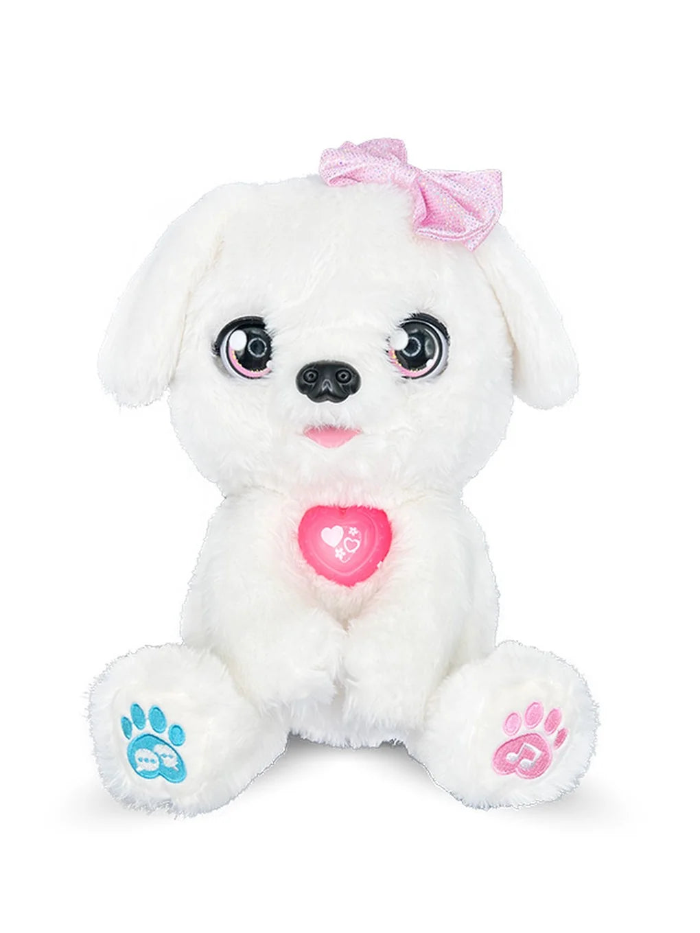 Close-up of VTech Kosy The Kissing Puppy plush with bow and glowing heart charm in Ireland