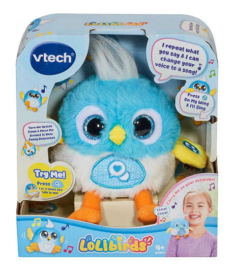 Front view of VTech LoLibirds Blue plush toy with light-up eyes – Ireland