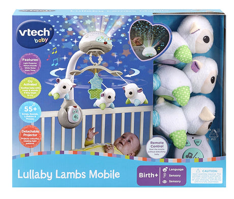 VTech Lullaby Lambs Mobile box showing cot mobile with three hanging lamb toys