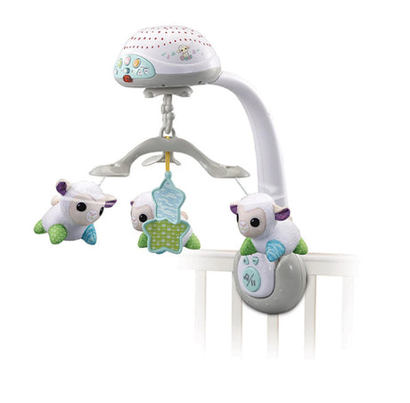 VTech Lullaby Lambs Mobile with three hanging lamb toys and control unit attached to cot