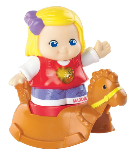 Side view of VTech Maddie on her brown rocking horse toy – Ireland