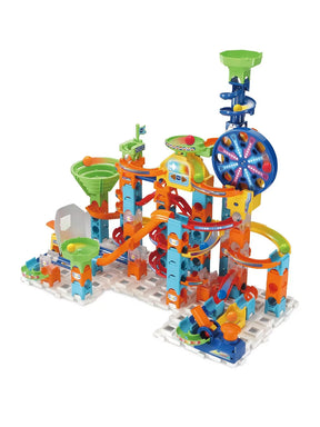 VTech Marble Rush Adventure Set complete layout with blue Ferris wheel, twin green funnels, orange ramps and track towers