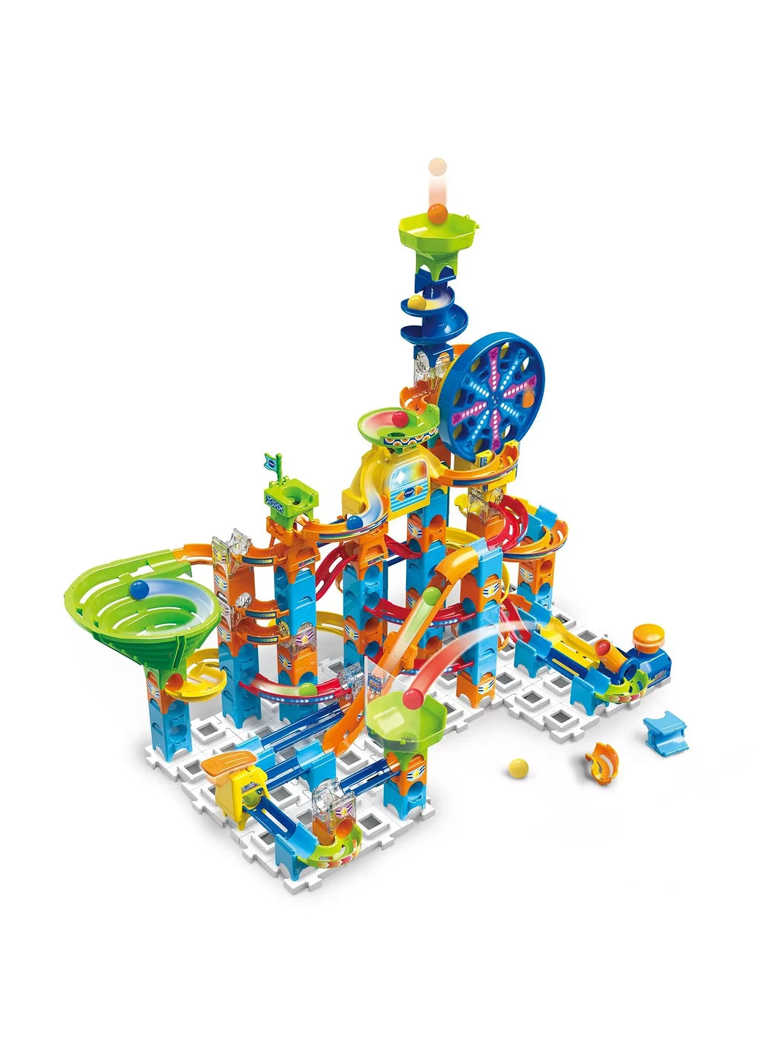 VTech Marble Rush Adventure Set layout with blue Ferris wheel, green funnel, orange tracks and marble launch sections