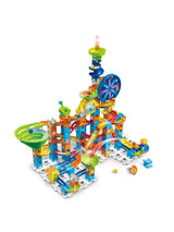 VTech Marble Rush Adventure Set layout with blue Ferris wheel, green funnel, orange tracks and marble launch sections