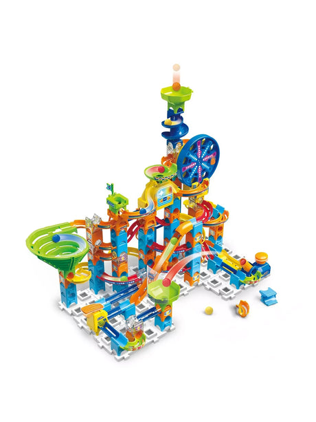 VTech Marble Rush Adventure Set layout with blue Ferris wheel, green funnel, orange tracks and marble launch sections