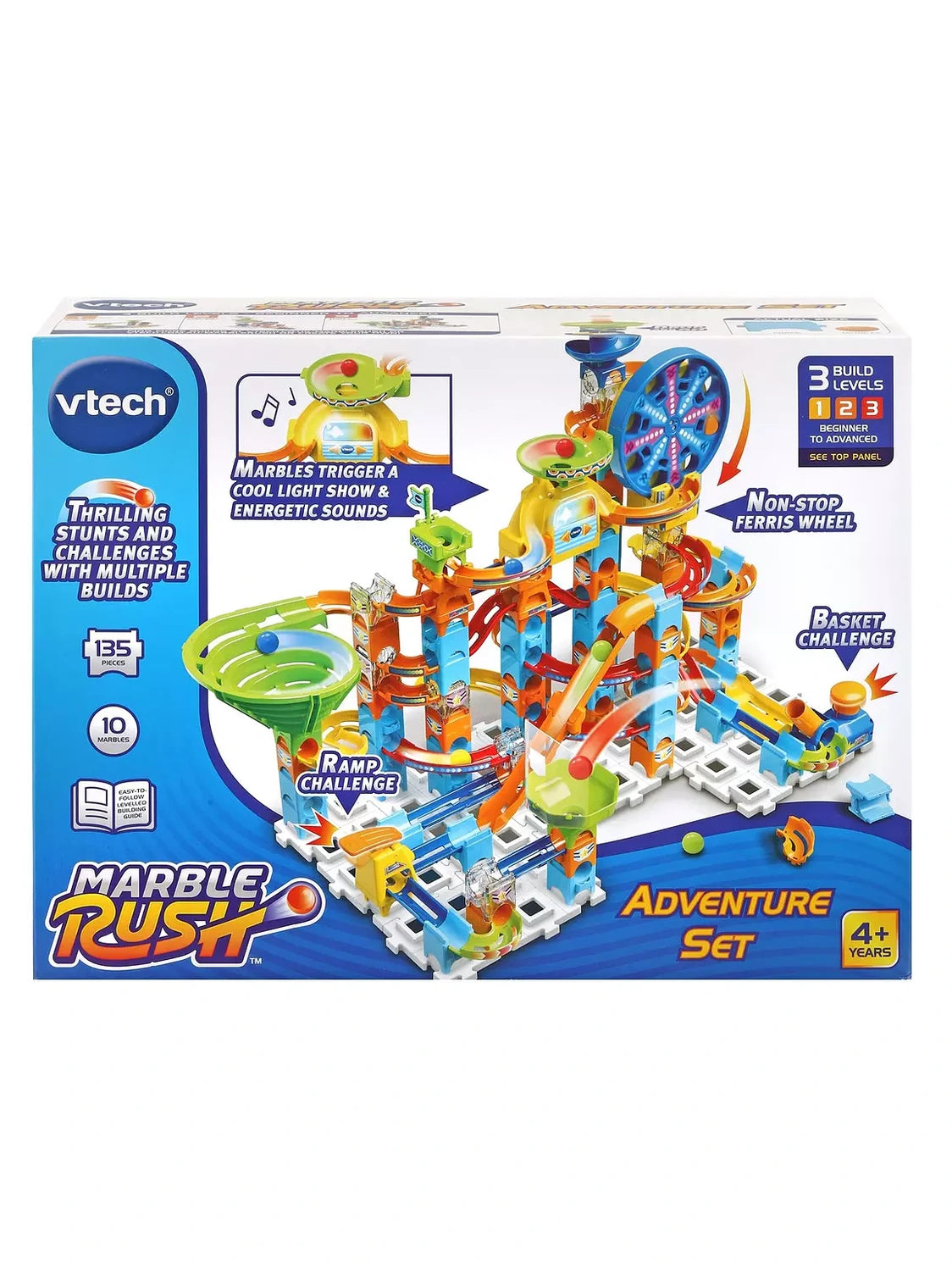 VTech Marble Rush Adventure Set retail box showing the 128 piece marble run, Ferris wheel, funnels and 10 marbles