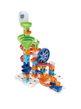 VTech Marble Rush Adventure Set tall tower build with green spiral funnel, blue Ferris wheel and orange launch track