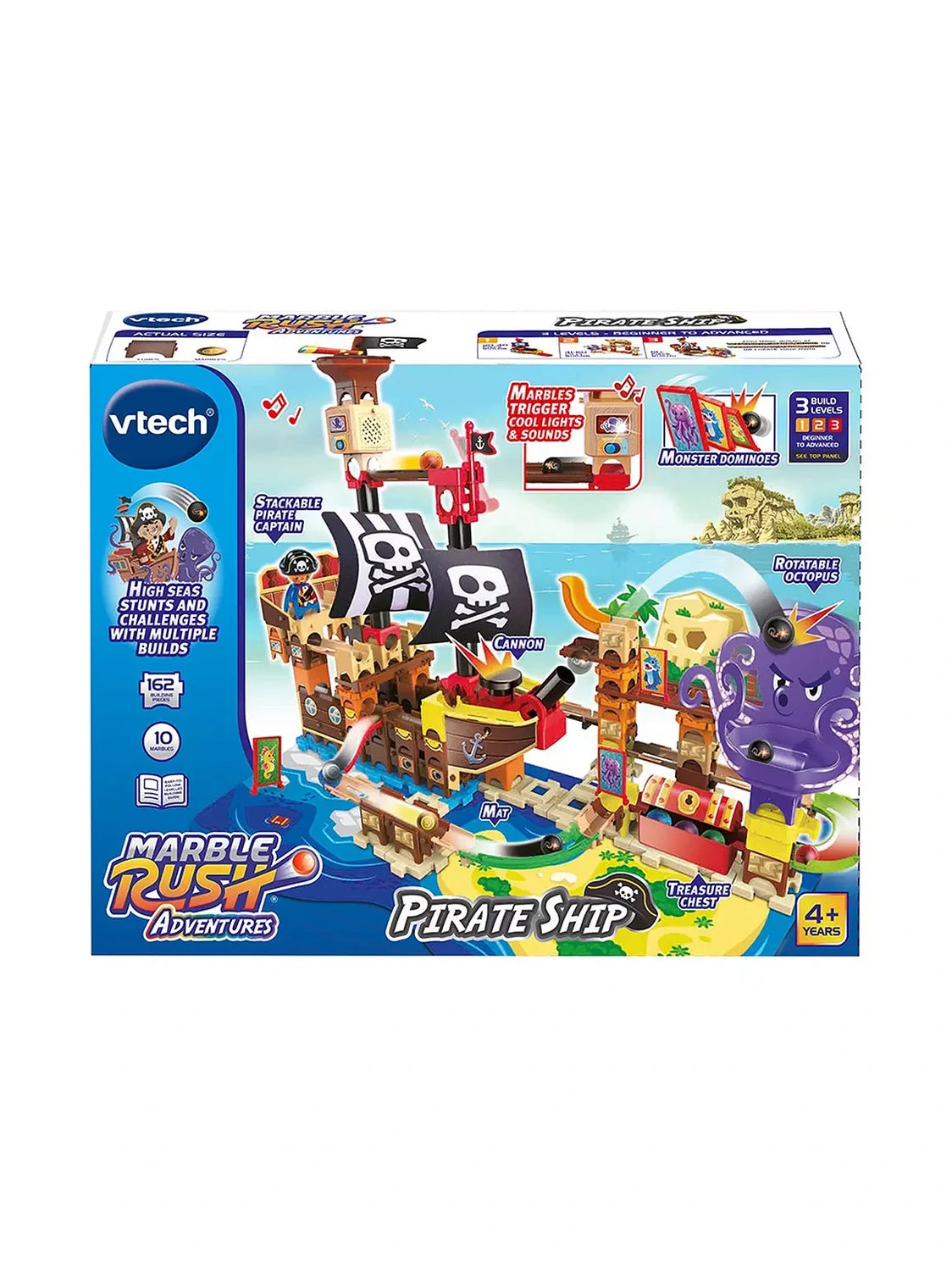 VTech Marble Rush Adventures Pirate Ship retail box showing the assembled pirate marble run, octopus vortex and electronic Crow's Nest