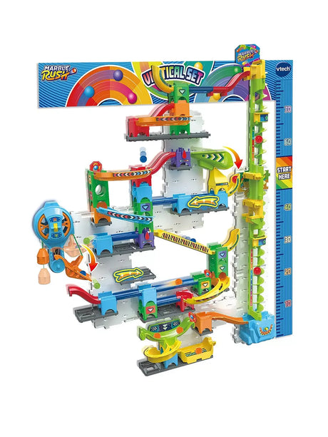 Tall vertical build of VTech Marble Rush Free Fall with marbles in motion – Ireland.