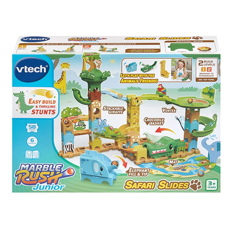 VTech Marble Rush Junior Safari Slides box showing safari marble run, 58 pieces, 6 marbles and 3 plus age mark