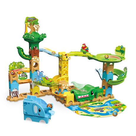 VTech Marble Rush Junior Safari Slides track layout with giraffe tower, elephant launcher, crocodile basket and animal marbles