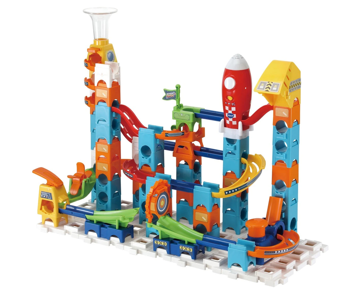 VTech Marble Rush Launch Pad rear layout showing the red rocket module, tall marble tower, launch ramp and curved tracks