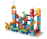 VTech Marble Rush Launch Pad rear layout showing the red rocket module, tall marble tower, launch ramp and curved tracks