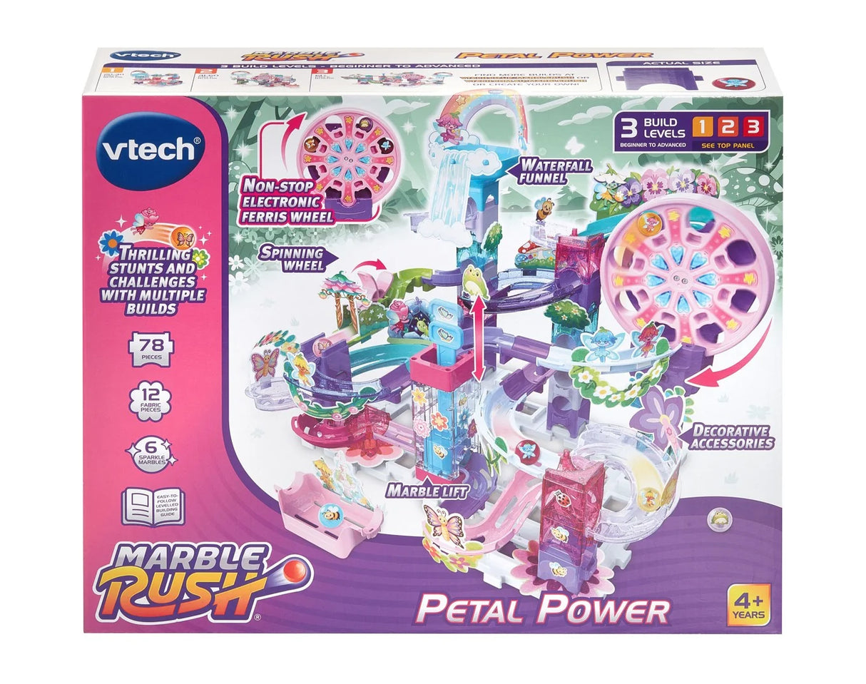 VTech Marble Rush Petal Power box with fantasy garden theme and contents shown on packaging – Ireland.