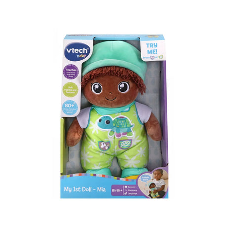 VTech My 1st Doll Mia in retail packaging with soft fabric and green outfit, Ireland
