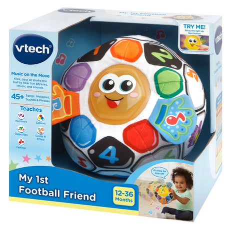 VTech My 1st Football Friend box showing soft football toy with glove tabs and 12 to 36 months age mark