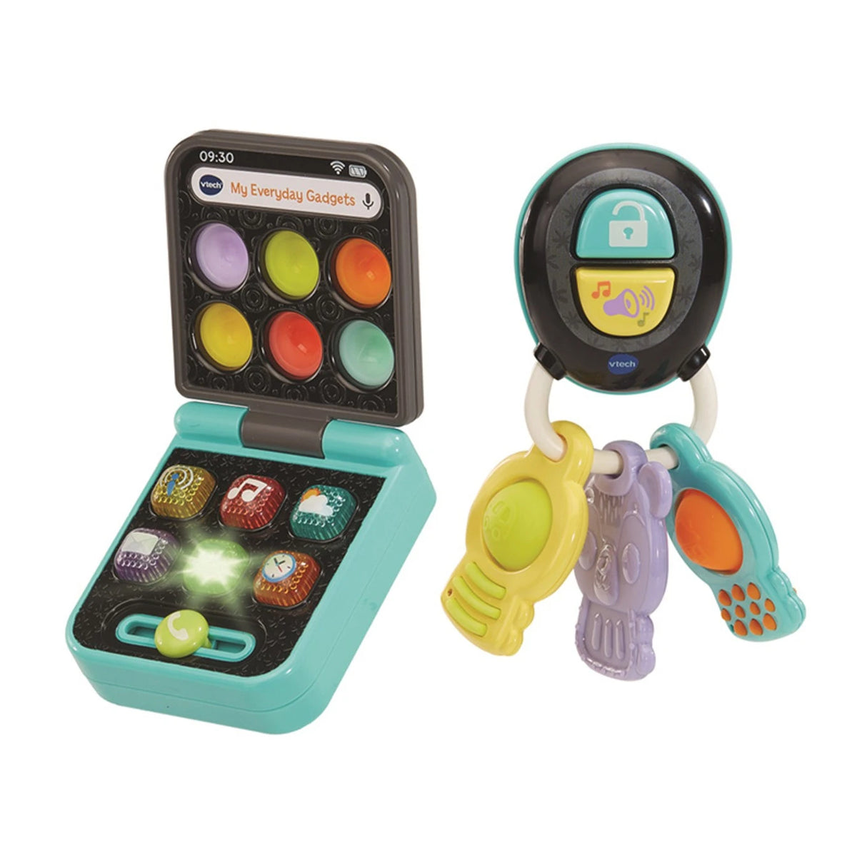 Open VTech My Everyday Gadgets flip phone beside a toy keyring with three colourful keys