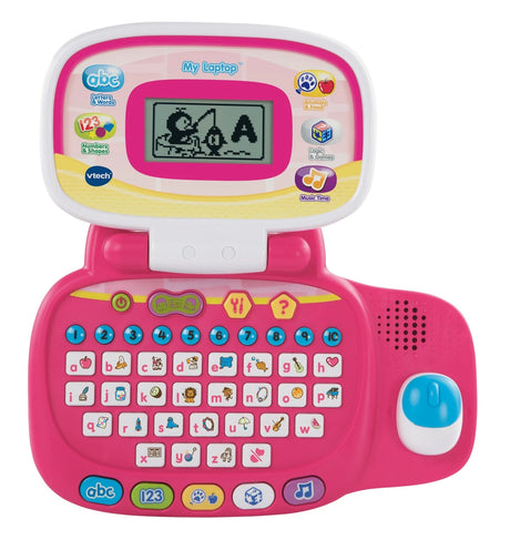 VTech My Laptop Pink open front view with screen, keyboard buttons and blue mouse