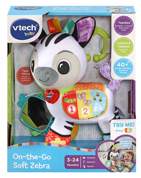 VTech On-the-Go Soft Zebra box showing soft zebra toy, mirror and 3 to 24 months age mark