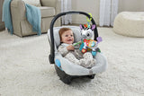 Baby in carrier with VTech On-the-Go Soft Zebra attached to the handle