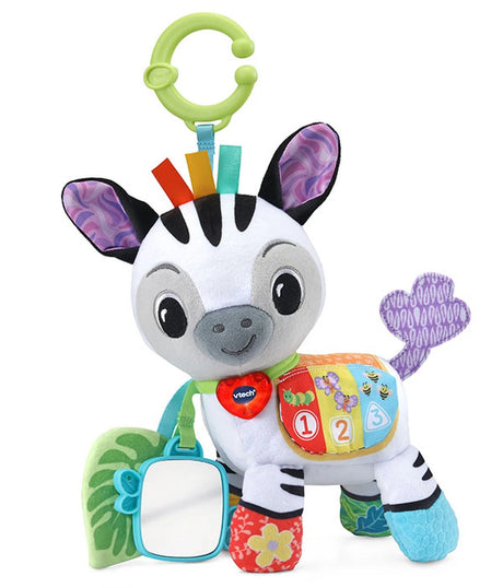 VTech On-the-Go Soft Zebra with green linking ring, colourful number panel, leaf and mirror
