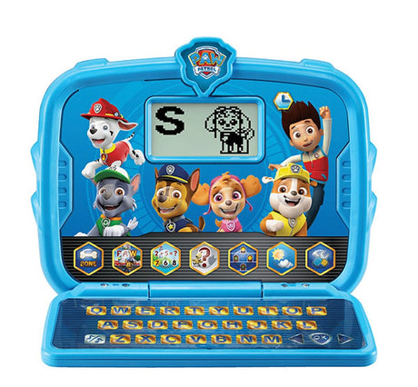 VTech PAW Patrol Learning Tab-Top open with letter activity displayed on screen and alphabet keyboard below
