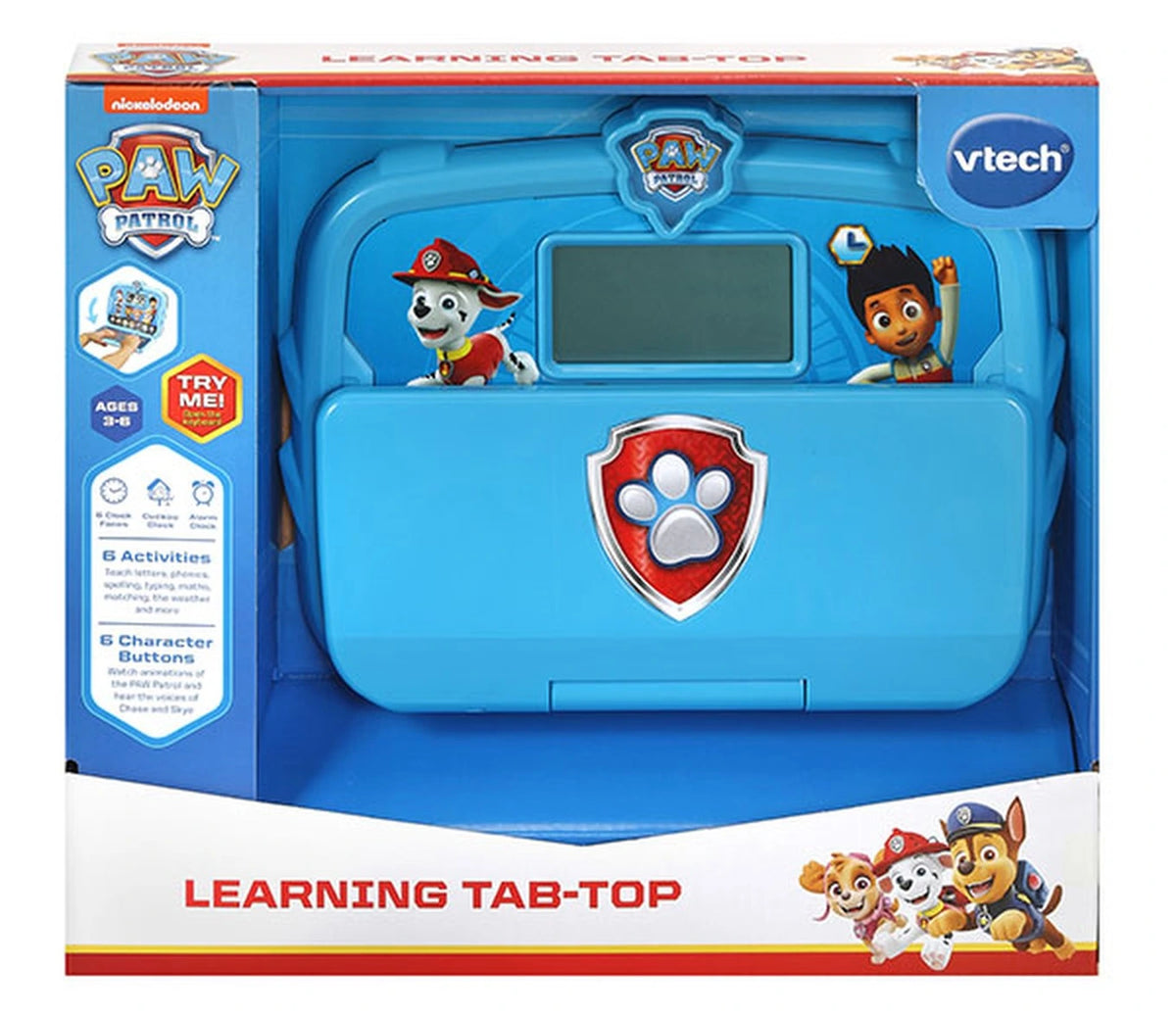VTech PAW Patrol Learning Tab-Top in retail packaging with blue case, screen and PAW Patrol graphics visible