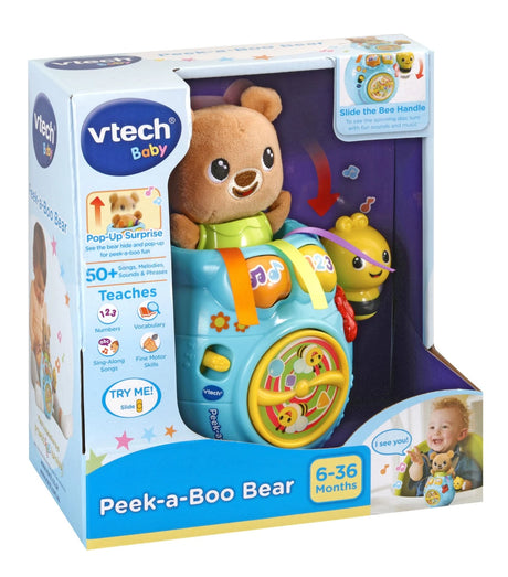 VTech Peek-a-Boo Bear box showing blue honey pot toy, pop up bear and 6 to 36 months age mark